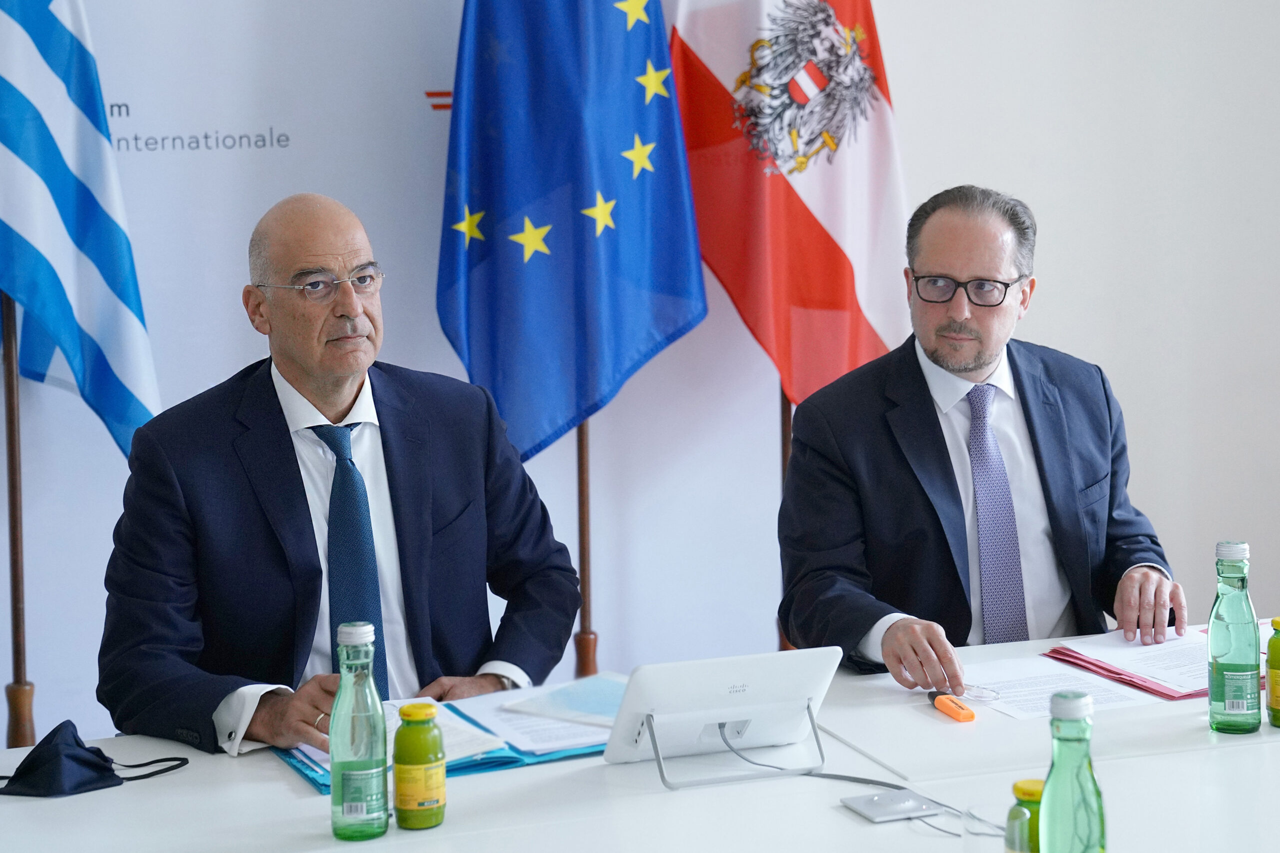 Συμμετοχή με τηλεδιάσκεψη, στο έκτακτο Συμβούλιο Εξωτερικών Υποθέσεων, των Υπουργών Εξωτερικών Νίκου Δένδια και της Αυστρίας, Alexander Schallenberg (Βιέννη, 14.08.2020)