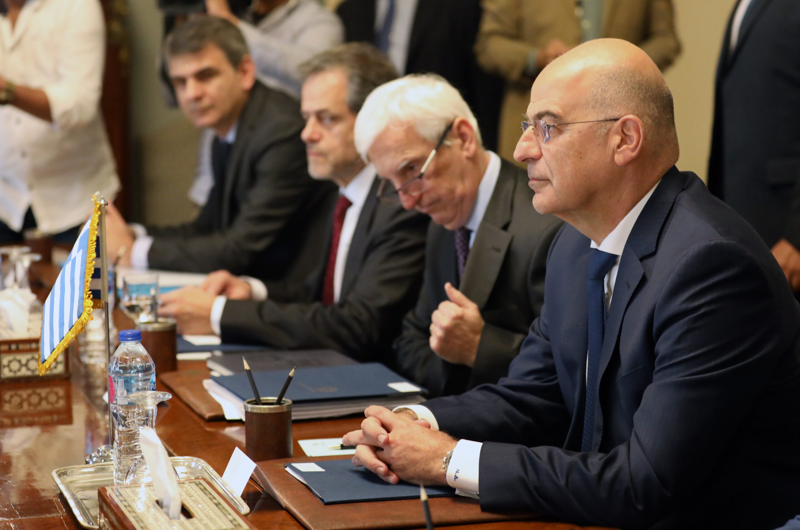 epa08037030 Greek Foreign Minister Nikos Dendias (R) looks on during a meeting with his Egyptian counterpart in Cairo, Egypt, 01 December 2019. Dendias is on a one-day working visit to Egypt. EPA/KHALED ELFIQI